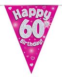 Party Bunting Happy 60th Birthday Pink Holographic 11 flags 3.9m - Banners & Bunting