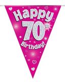 Party Bunting Happy 70th Birthday Pink Holographic 11 flags 3.9m - Banners & Bunting