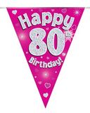 Party Bunting Happy 80th Birthday Pink Holographic 11 flags 3.9m - Banners & Bunting