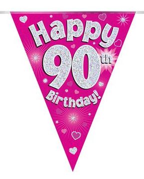 Party Bunting Happy 90th Birthday Pink Holographic 11 flags 3.9m - Banners & Bunting