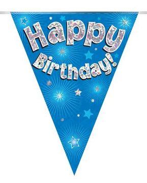 Party Bunting Happy Birthday Blue Holographic 11 flags 3.9m - Banners & Bunting