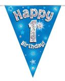 Party Bunting Happy 1st Birthday Blue Holographic 11 flags 3.9m - Banners & Bunting