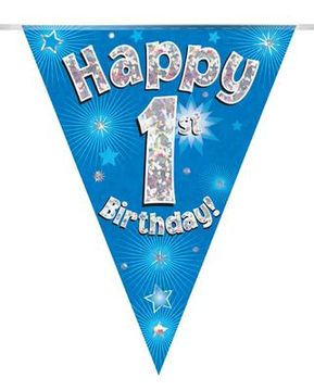 Party Bunting Happy 1st Birthday Blue Holographic 11 flags 3.9m - Banners & Bunting
