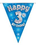 Party Bunting Happy 3rd Birthday Blue Holographic 11 flags 3.9m - Banners & Bunting