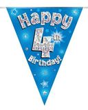 Party Bunting Happy 4th Birthday Blue Holographic 11 flags 3.9m - Banners & Bunting