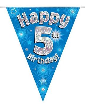 Party Bunting Happy 5th Birthday Blue Holographic 11 flags 3.9m - Banners & Bunting