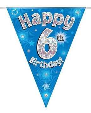 Party Bunting Happy 6th Birthday Blue Holographic 11 flags 3.9m - Banners & Bunting