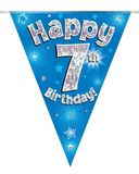 Party Bunting Happy 7th Birthday Blue Holographic 11 flags 3.9m - Banners & Bunting