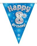 Party Bunting Happy 8th Birthday Blue Holographic 11 flags 3.9m - Banners & Bunting