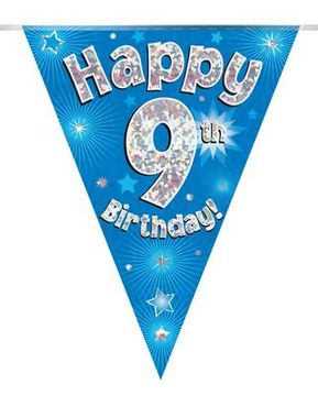 Party Bunting Happy 9th Birthday Blue Holographic 11 flags 3.9m - Banners & Bunting