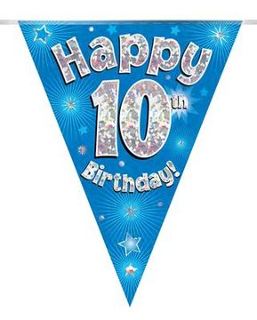 Party Bunting Happy 10th Birthday Blue Holographic 11 flags 3.9m - Banners & Bunting