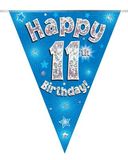 Party Bunting Happy 11th Birthday Blue Holographic 11 flags 3.9m - Banners & Bunting