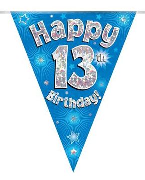 Party Bunting Happy 13th Birthday Blue Holographic 11 flags 3.9m - Banners & Bunting