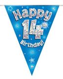 Party Bunting Happy 14th Birthday Blue Holographic 11 flags 3.9m - Banners & Bunting