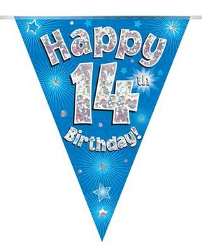 Party Bunting Happy 14th Birthday Blue Holographic 11 flags 3.9m - Banners & Bunting