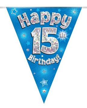 Party Bunting Happy 15th Birthday Blue Holographic 11 flags 3.9m - Banners & Bunting