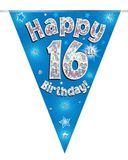 Party Bunting Happy 16th Birthday Blue Holographic 11 flags 3.9m - Banners & Bunting