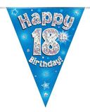 Party Bunting Happy 18th Birthday Blue Holographic 11 flags 3.9m - Banners & Bunting