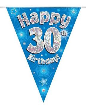 Party Bunting Happy 30th Birthday Blue Holographic 11 flags 3.9m - Banners & Bunting