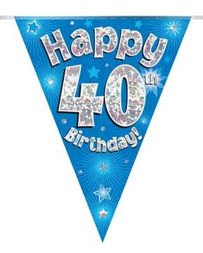 Party Bunting Happy 40th Birthday Blue Holographic 11 flags 3.9m - Banners & Bunting