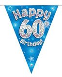 Party Bunting Happy 60th Birthday Blue Holographic 11 flags 3.9m - Banners & Bunting
