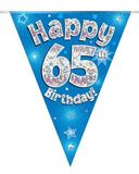 Party Bunting Happy 65th Birthday Blue Holographic 11 flags 3.9m - Banners & Bunting