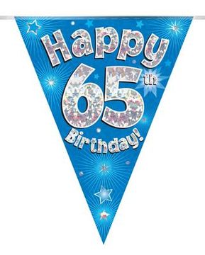 Party Bunting Happy 65th Birthday Blue Holographic 11 flags 3.9m - Banners & Bunting