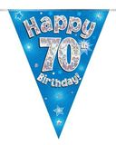 Party Bunting Happy 70th Birthday Blue Holographic 11 flags 3.9m - Banners & Bunting