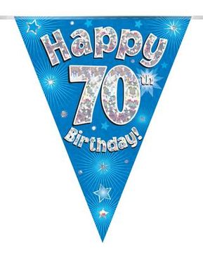 Party Bunting Happy 70th Birthday Blue Holographic 11 flags 3.9m - Banners & Bunting