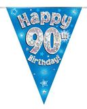 Party Bunting Happy 90th Birthday Blue Holographic 11 flags 3.9m - Banners & Bunting