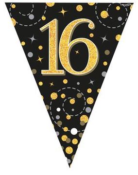 Party Bunting Sparkling Fizz 16 Black & Gold Holographic 11 flags 3.9m - Banners & Bunting