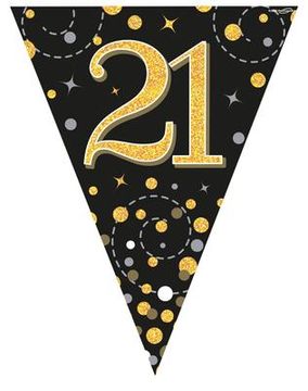 Party Bunting Sparkling Fizz 21 Black & Gold Holographic 11 flags 3.9m - Banners & Bunting