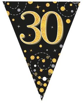 Party Bunting Sparkling Fizz 30 Black & Gold Holographic 11 flags 3.9m - Banners & Bunting