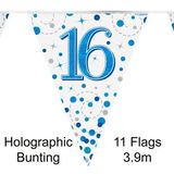 Party Bunting 16th Sparkling Fizz Birthday Blue Holographic 11 flags 3.9m - Banners & Bunting