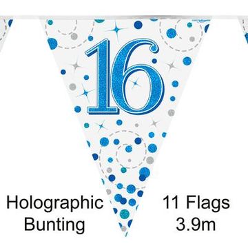 Party Bunting 16th Sparkling Fizz Birthday Blue Holographic 11 flags 3.9m - Banners & Bunting