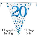 Party Bunting 20th Sparkling Fizz Birthday Blue Holographic 11 flags 3.9m - Banners & Bunting