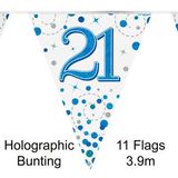 Party Bunting 21st Sparkling Fizz Birthday Blue Holographic 11 flags 3.9m - Banners & Bunting