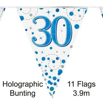 Party Bunting 30th Sparkling Fizz Birthday Blue Holographic 11 flags 3.9m - Banners & Bunting