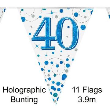 Party Bunting 40th Sparkling Fizz Birthday Blue Holographic 11 flags 3.9m - Banners & Bunting