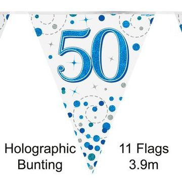 Party Bunting 50th Sparkling Fizz Birthday Blue Holographic 11 flags 3.9m - Banners & Bunting