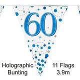 Party Bunting 60th Sparkling Fizz Birthday Blue Holographic 11 flags 3.9m - Banners & Bunting