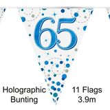 Party Bunting 65th Sparkling Fizz Birthday Blue Holographic 11 flags 3.9m - Banners & Bunting