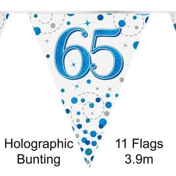 Party Bunting 65th Sparkling Fizz Birthday Blue Holographic 11 flags 3.9m - Banners & Bunting