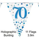 Party Bunting 70th Sparkling Fizz Birthday Blue Holographic 11 flags 3.9m - Banners & Bunting