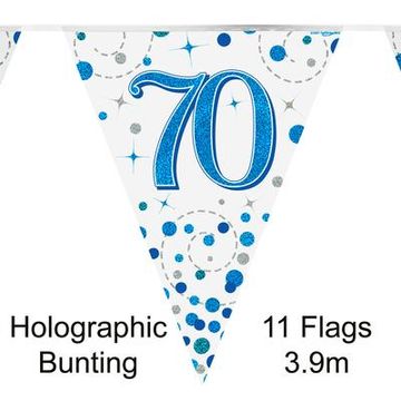 Party Bunting 70th Sparkling Fizz Birthday Blue Holographic 11 flags 3.9m - Banners & Bunting