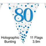 Party Bunting 80th Sparkling Fizz Birthday Blue Holographic 11 flags 3.9m - Banners & Bunting