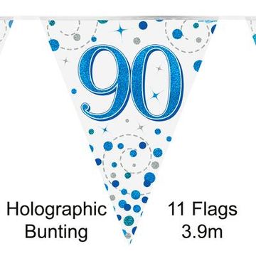 Party Bunting 90th Sparkling Fizz Birthday Blue Holographic 11 flags 3.9m - Banners & Bunting