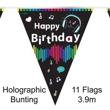 Party Bunting Music Media Birthday Holographic 11 flags 3.9m - Banners & Bunting