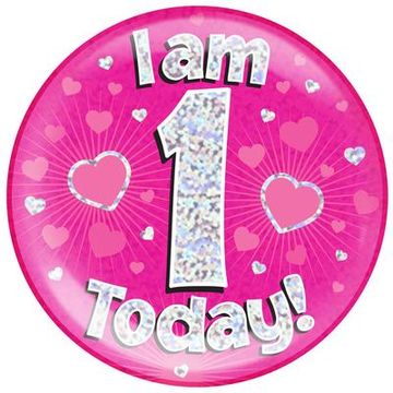 Oaktree Holographic Jumbo Badge - I am 1 Today Pink - Partyware