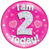 Oaktree Holographic Jumbo Badge - I am 2 Today Pink - Partyware